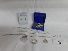 An assortment of silver including chains, ring, pendant etc,