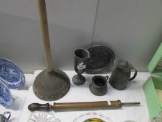 2 early Church pewter items, 2 other pewter items, a copper washing dolly and a brass syringe