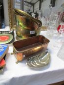 A brass coal scuttle and 2 other items