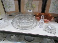 A mixed lot of glassware including carnival glass dish, decanter etc