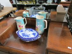 2 jugs and a blue and white lidded tureen