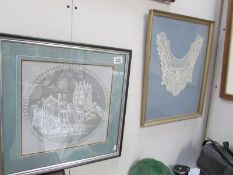 A framed and glazed antique lace collar and a framed and glazed Nottingham lace panel