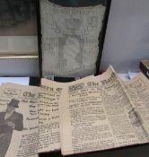 A framed and glazed 1937 Coronation lace panel and 2 1937 Newspapers