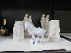 2 'Tang' horses, 2 bisque figure groups and 2 bisque spill vases