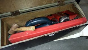 A wooden tool box and tools