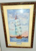 A watercolour of sailing ship entitled 'Karla under full sail'