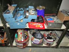 2 shelves of miscellaneous items including tool box