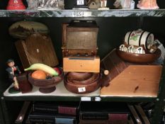 A shelf of wooden items