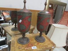 A pair of metal lidded urns (1 lid a/f) and a small oriental table