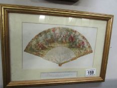 A framed and glazed print of a French fan representing Rinaldo in the Garden of Armida,