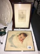 A framed and glazed Lilian Rowles baby print and one other