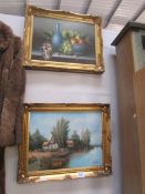 A gilt framed rural scene and a gilt framed still life