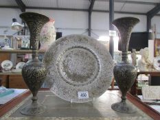 A pair of middle eastern metal vases and plate