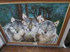 An oil on board depicting 3 wolves