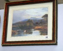 A framed & glazed picture of cattle in river