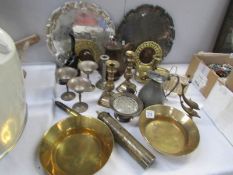 A mixed lot of metal ware including brass candlesticks, silver plate tray, copper coffee pot,