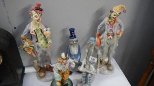 5 clown figurines including Casades and 2 large Leonardo examples