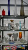 3 shelves of glassware including vases etc