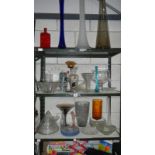 3 shelves of glassware including vases etc