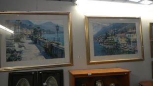 Two large European lakes scene print in silver effect frame