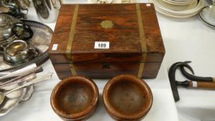 An old work box and haberdashery contents and 2 wooden bowls