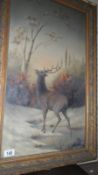 A gilt framed oil on canvas of a stag