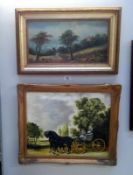 2 framed oil paintings 'landscape & horse carriage'