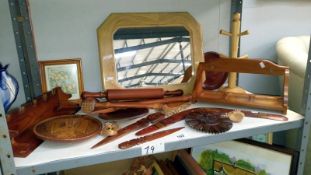 A quantity of wooden items including boomerang & mirror etc.