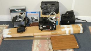 A quantity of Cine camera equiptment including Elmo K-100 SM Projector, Sankyo ES-33,