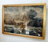 A framed & glazed picture of ship at sea, signed C.