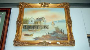 A gilt framed oil on canvas Lake Scene signed Asman ?