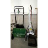 A Scotts Evergreen spreader and a Powerbase push mower & a Morphy Richards steam cleaner
