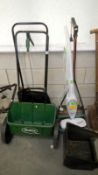 A Scotts Evergreen spreader and a Powerbase push mower & a Morphy Richards steam cleaner