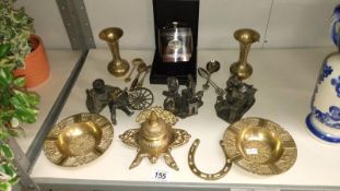 A quantity of brassware icluding hip flask etc.