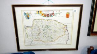 A framed and glazed 17th century map of Norfolk by Johan Blaeu - published by the Royal