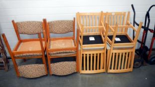 4 pine dining chairs and 4 dining chairs with upholstered seats and abcks