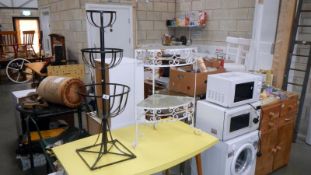 A metal 3 tier topiary/flower holder and a 2 shelf corner cabinet