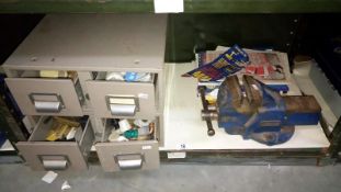 A 4 drawer tool cabinet, bench vice & DIY magazines etc.