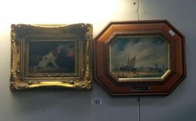 A contemporary 'spaniel portrait' in gilt frame & a ship scene 'loading the cart'