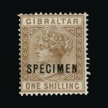 Gibraltar : (SG 9s/14s) 1886-87 1d to 1s (ex. 4d), ovptd. SPECIMEN, mint/o.g. (5) (image available)