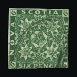 Canada - Nova Scotia : (SG 5) 1851-60 6d yellow green used, cut close/touched at foot and at
