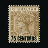 Gibraltar : (SG 15-21) 1889 surcharge set to 75c on 1s, age stain on 25c and 50c, h/r, m.m. (7)