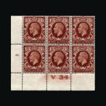 Great Britain - KGV : (SG 441) 1934 large format 1½d red-brown, cylinder block of (3 x 2), control