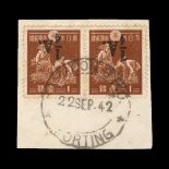 Burma - Japanese Occupation : (SG J47a) 1942 ½A. inverted on 1s chestnut horiz pair superb used tied