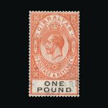 Gibraltar : (SG 107) 1927 KGV Wmk.Script, £1 Red-Orange & Black, f.u.parts of two light c.d.s's