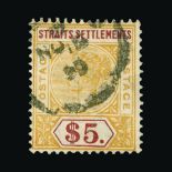 Malaya - Straits Settlements : (SG 105) 1892-99 CA $5 orange and red fine used, a little pale Cat £