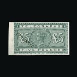 Great Britain - Telegraphs : (SG (T18)) 1876 £5, IMPERF COLOUR TRIAL IN GREY-GREEN, ovptd.