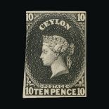 Ceylon : 1863 10d black die proof by de la Rue from Perkins Bacon original plate, 3 margins,