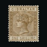 Gibraltar : (SG 14) 1886-87 1s bistre, pulled perfs at bottom left, o/wise fine m.m. Cat £250 (image