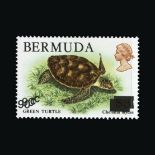 Bermuda : (SG SG534 var ) 1986 Green Turtle 90c on $3 'Surcharge Treble, one on reverse'. Post